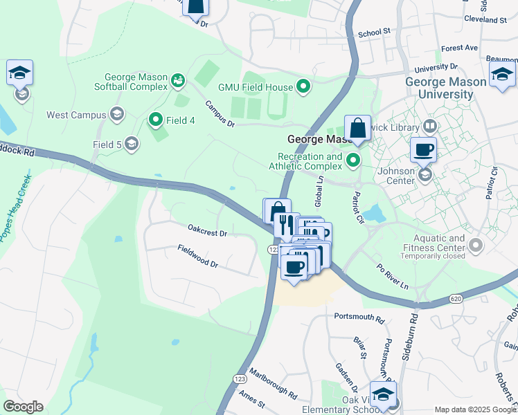 map of restaurants, bars, coffee shops, grocery stores, and more near 10716 Braddock Road in Fairfax
