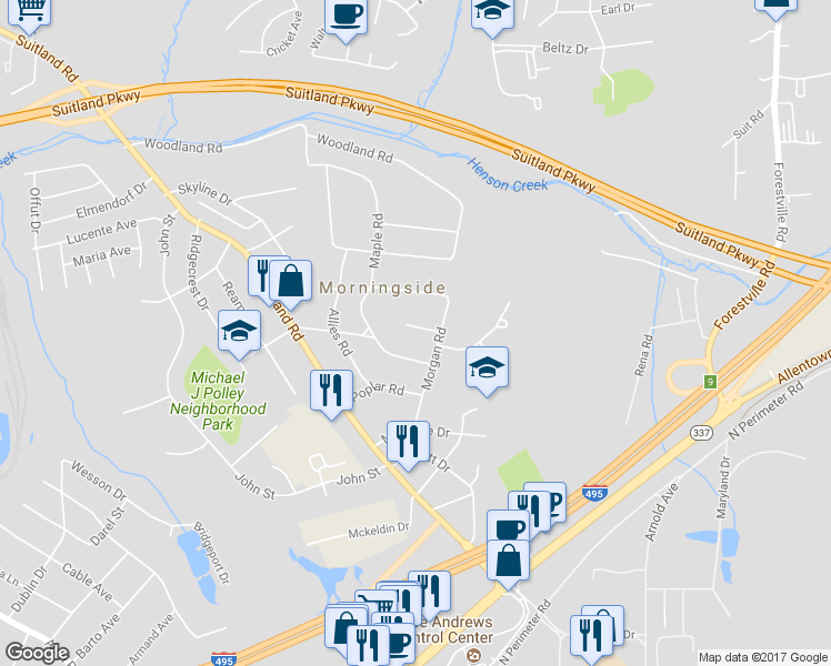 map of restaurants, bars, coffee shops, grocery stores, and more near 6709 Larches Court in Morningside