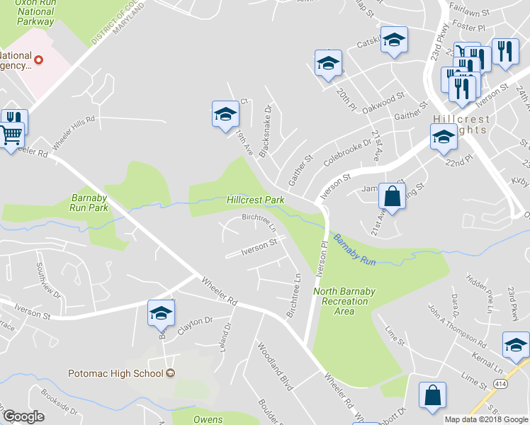 map of restaurants, bars, coffee shops, grocery stores, and more near 4512 Birchtree Lane in Temple Hills
