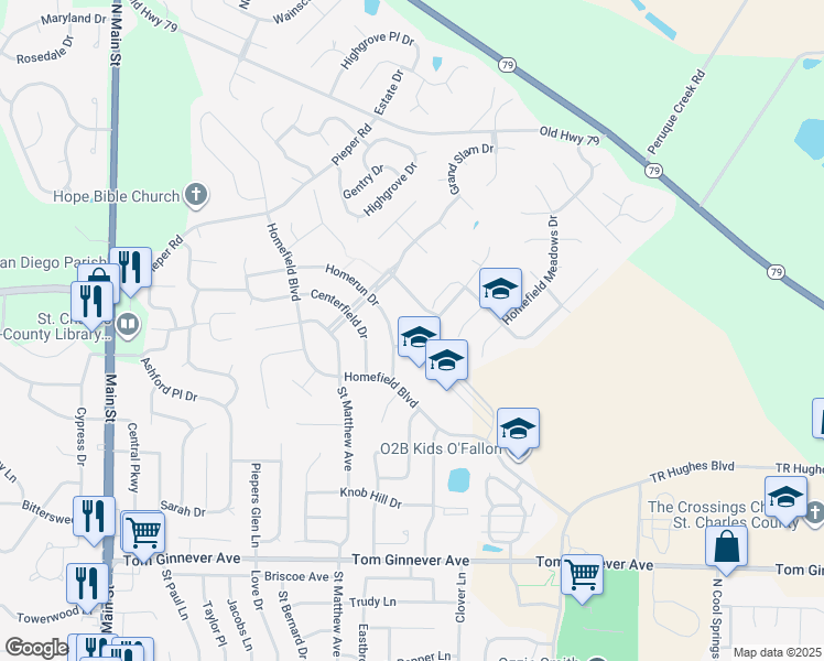 map of restaurants, bars, coffee shops, grocery stores, and more near 21 Homefield Gardens Drive in O'Fallon