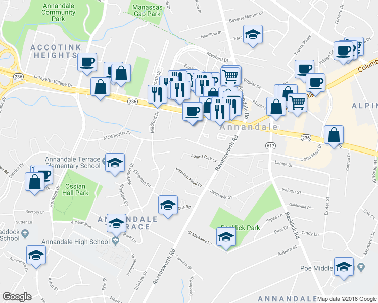 map of restaurants, bars, coffee shops, grocery stores, and more near 7440 Adams Park Court in Annandale