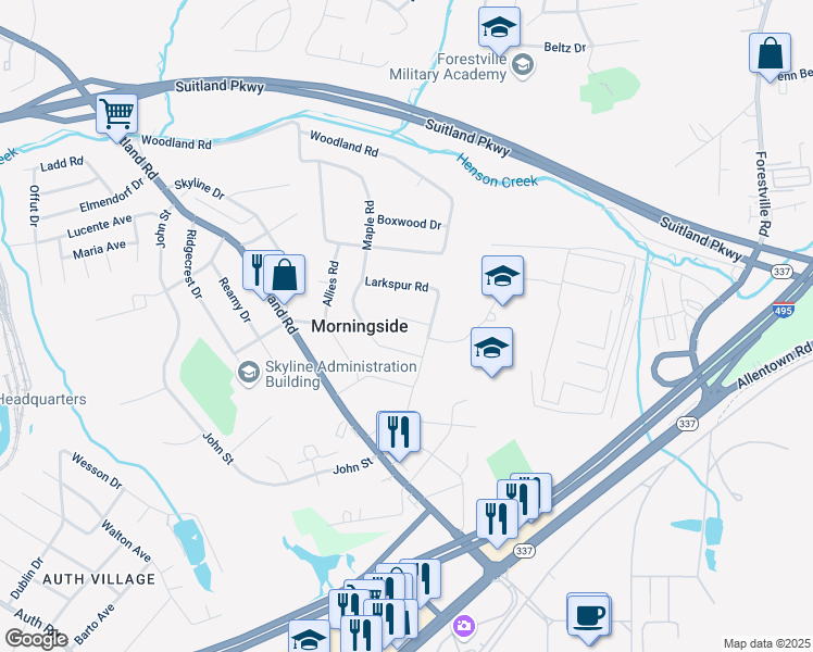 map of restaurants, bars, coffee shops, grocery stores, and more near 6709 Larches Court in Morningside