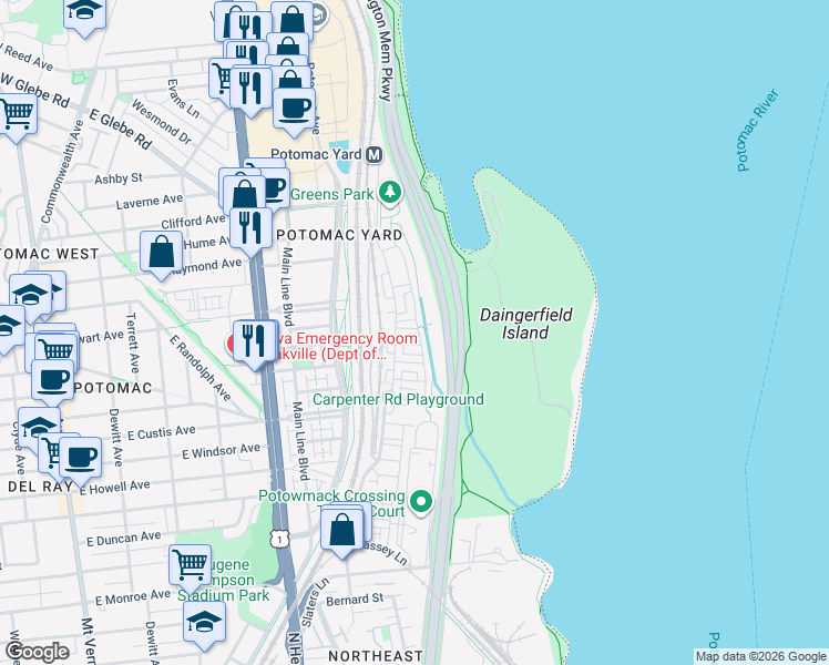 map of restaurants, bars, coffee shops, grocery stores, and more near 700 Rose Square in Alexandria
