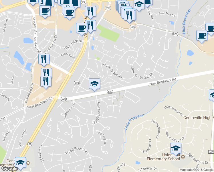 map of restaurants, bars, coffee shops, grocery stores, and more near 13975 Antonia Ford Court in Centreville