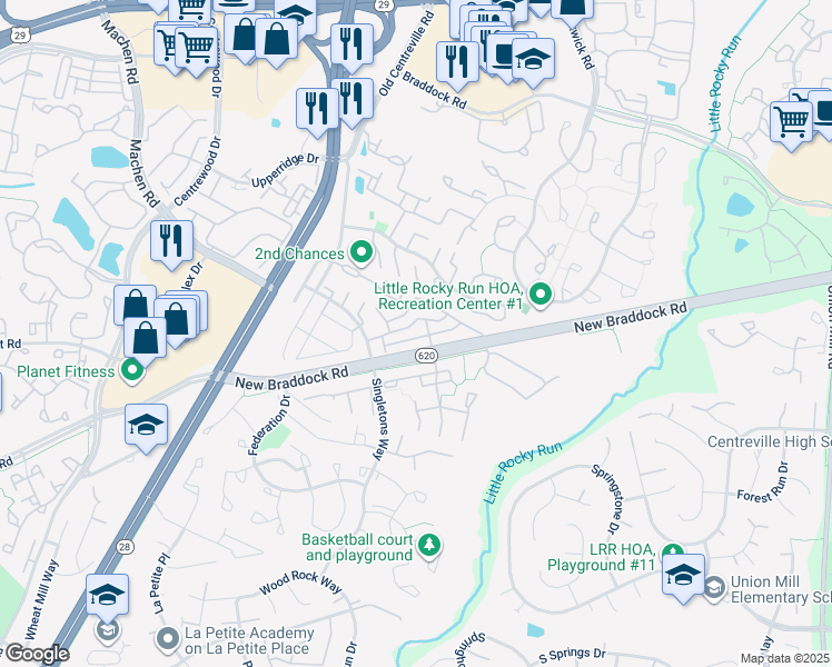 map of restaurants, bars, coffee shops, grocery stores, and more near 13975 Antonia Ford Court in Centreville