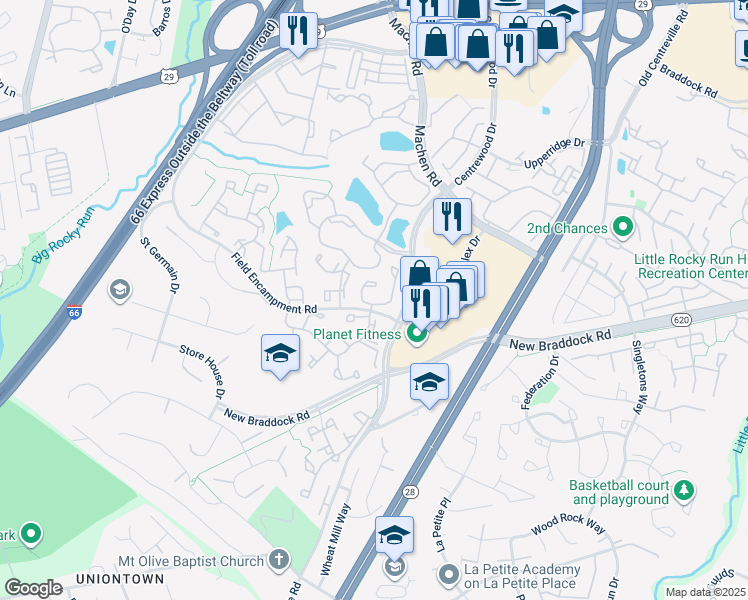 map of restaurants, bars, coffee shops, grocery stores, and more near 14354 Silo Valley View in Centreville