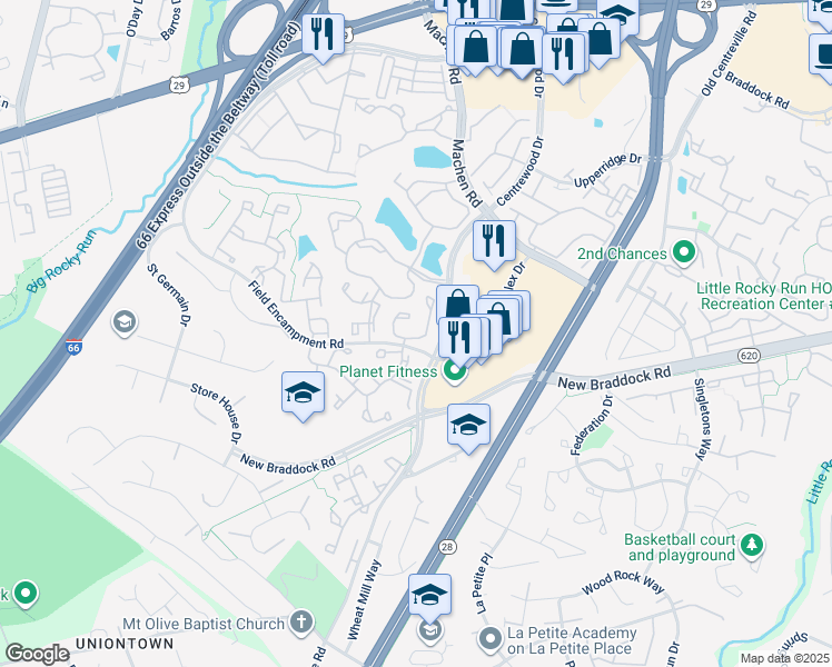 map of restaurants, bars, coffee shops, grocery stores, and more near 14348 Silo Valley View in Centreville