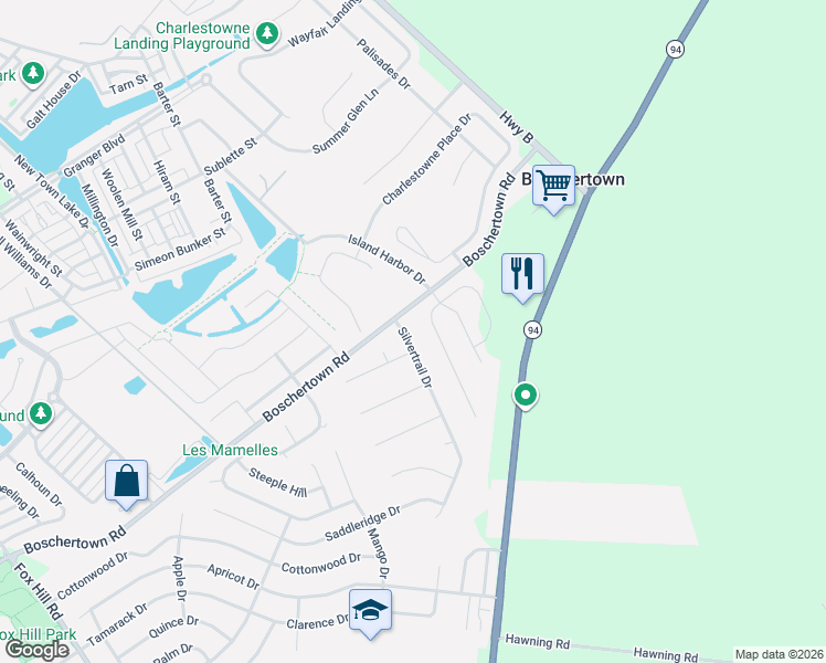map of restaurants, bars, coffee shops, grocery stores, and more near 3320 Silvertrail Drive in Saint Charles