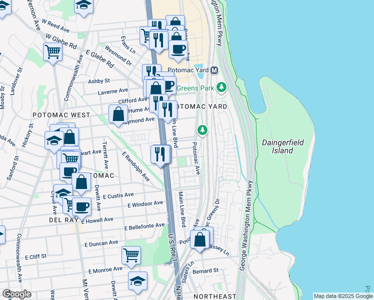 map of restaurants, bars, coffee shops, grocery stores, and more near 721 Watson Street in Alexandria
