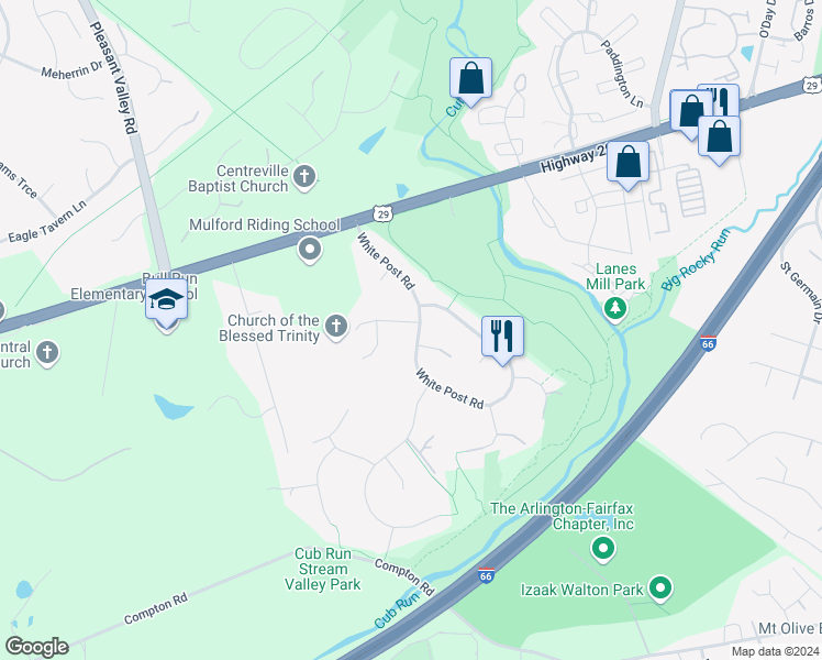 map of restaurants, bars, coffee shops, grocery stores, and more near 6600 White Post Road in Centreville