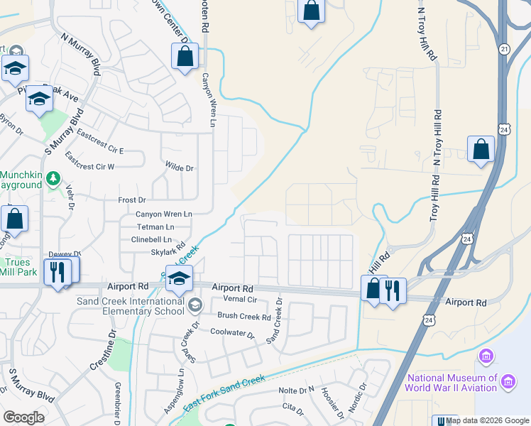 map of restaurants, bars, coffee shops, grocery stores, and more near 204 Karr Road in Colorado Springs