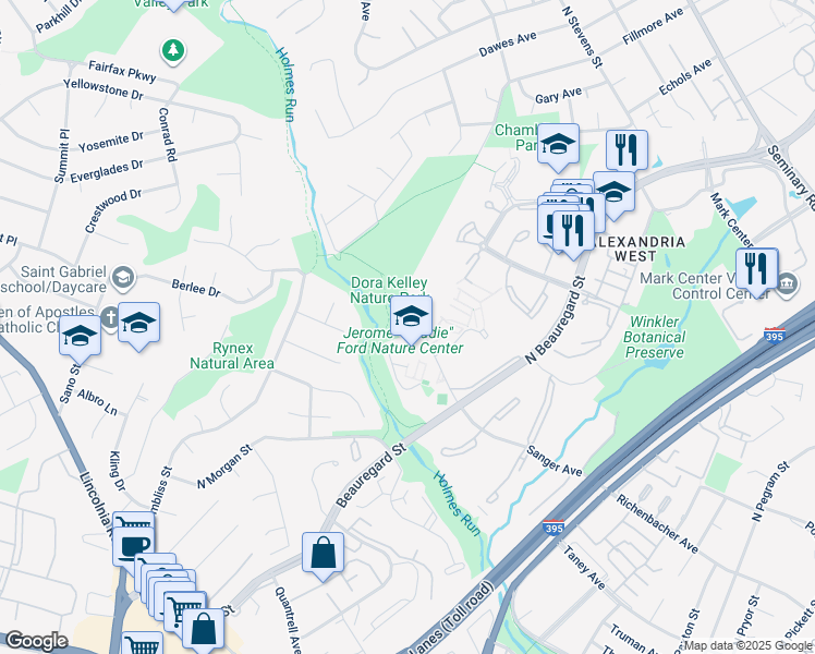 map of restaurants, bars, coffee shops, grocery stores, and more near 5802 Sanger Avenue in Alexandria