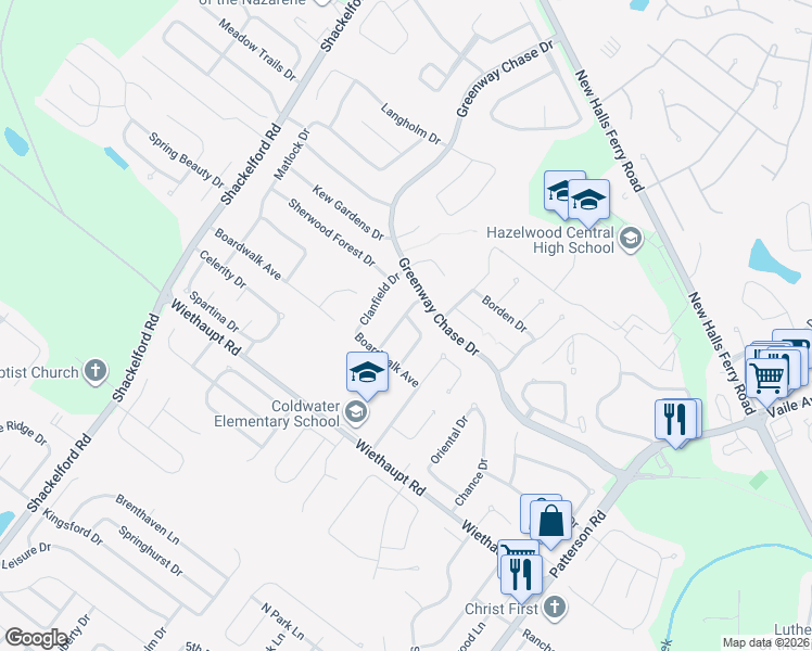 map of restaurants, bars, coffee shops, grocery stores, and more near 2952 Atlantic Park Avenue in Florissant