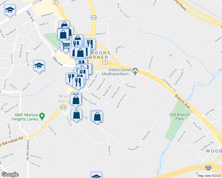 map of restaurants, bars, coffee shops, grocery stores, and more near 4314 Ranger Avenue in Temple Hills