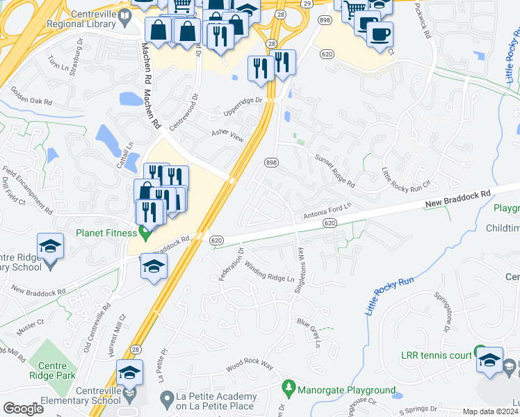 map of restaurants, bars, coffee shops, grocery stores, and more near 6105C Hoskins Hollow Circle in Centreville