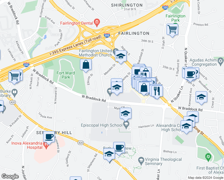 map of restaurants, bars, coffee shops, grocery stores, and more near 3822 Keller Avenue in Alexandria