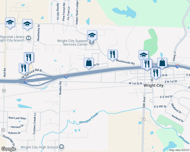 map of restaurants, bars, coffee shops, grocery stores, and more near 13410 East Veterans Memorial Parkway in Wright City