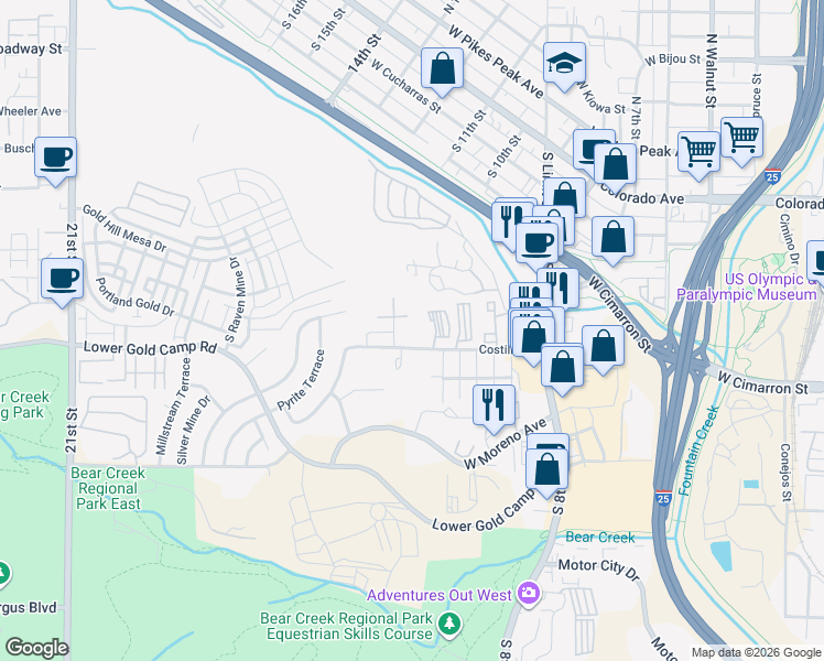 map of restaurants, bars, coffee shops, grocery stores, and more near 1204 West Vermijo Avenue in Colorado Springs
