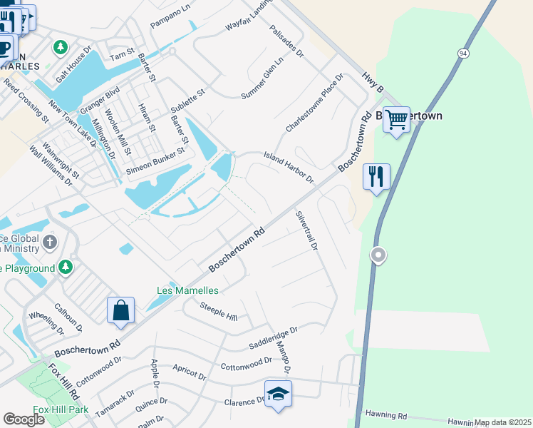 map of restaurants, bars, coffee shops, grocery stores, and more near 3605 Sweetwater Crossing Place in Saint Charles