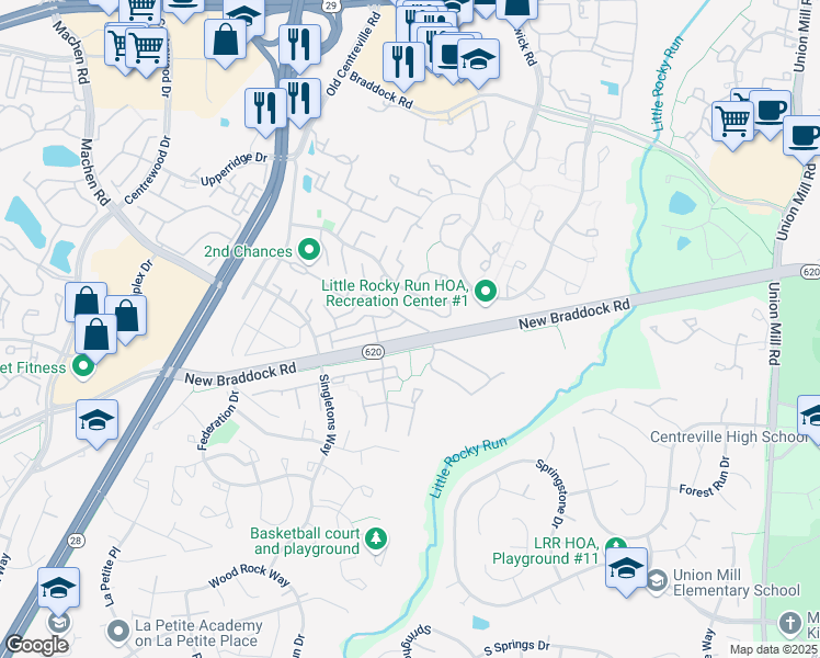 map of restaurants, bars, coffee shops, grocery stores, and more near 13930 New Braddock Road in Centreville