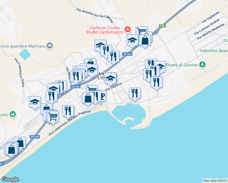 map of restaurants, bars, coffee shops, grocery stores, and more near 28 Via Enrico Aristippo in Catanzaro