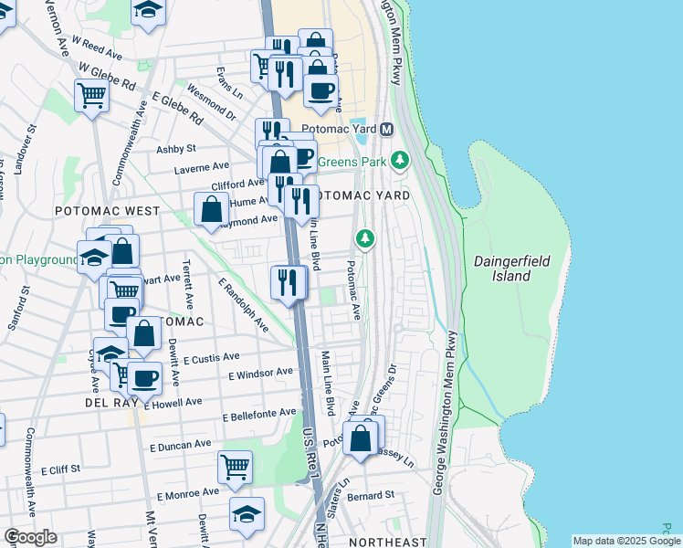 map of restaurants, bars, coffee shops, grocery stores, and more near 2530 Potomac Greens Drive in Alexandria