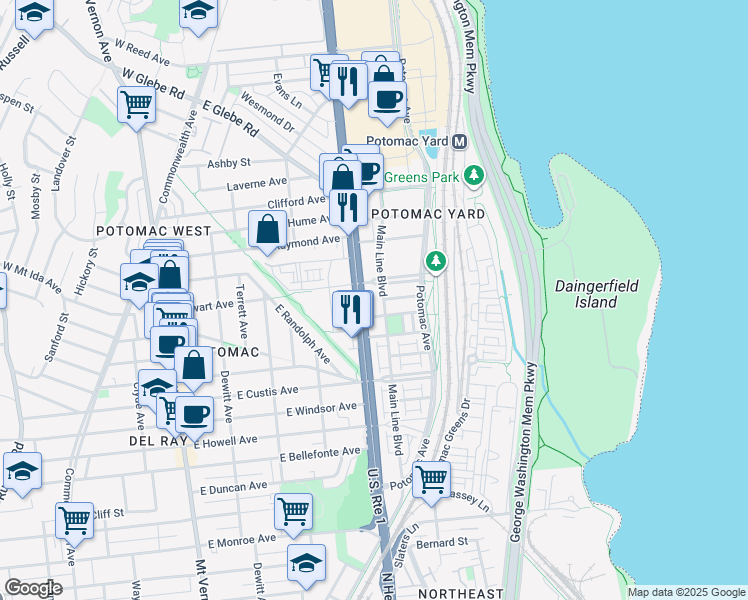 map of restaurants, bars, coffee shops, grocery stores, and more near 101 Independence Avenue Southeast in Washington