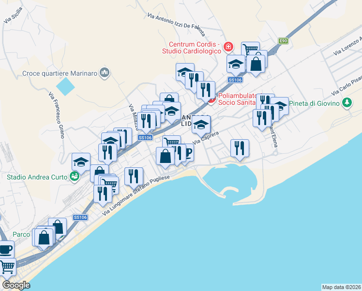 map of restaurants, bars, coffee shops, grocery stores, and more near 138 Via Caprera in Catanzaro