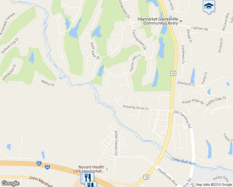 map of restaurants, bars, coffee shops, grocery stores, and more near 15154 Stepping Stone Drive in Haymarket