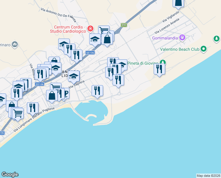map of restaurants, bars, coffee shops, grocery stores, and more near 53 Via Stromboli in Catanzaro
