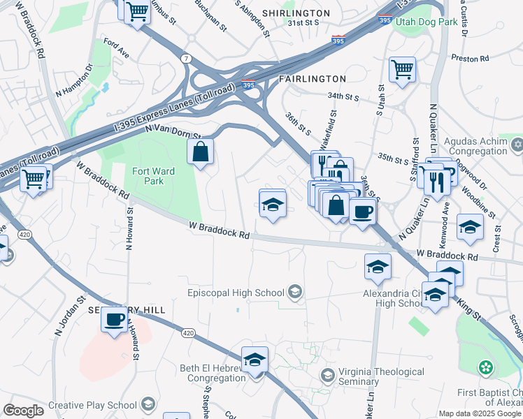 map of restaurants, bars, coffee shops, grocery stores, and more near 3822 Keller Avenue in Alexandria