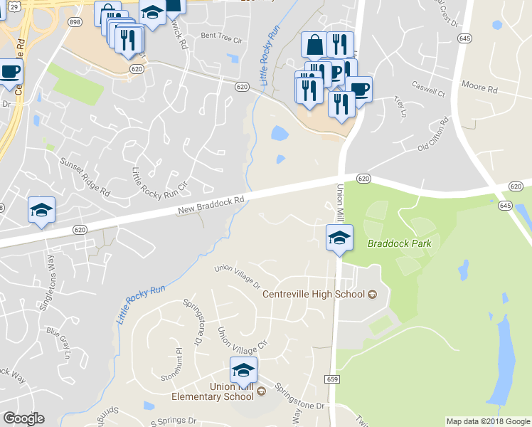 map of restaurants, bars, coffee shops, grocery stores, and more near 13672 Wildflower Lane in Clifton