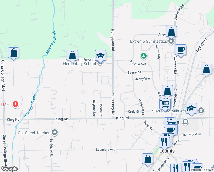 map of restaurants, bars, coffee shops, grocery stores, and more near 5567 Myrtle Drive in Loomis