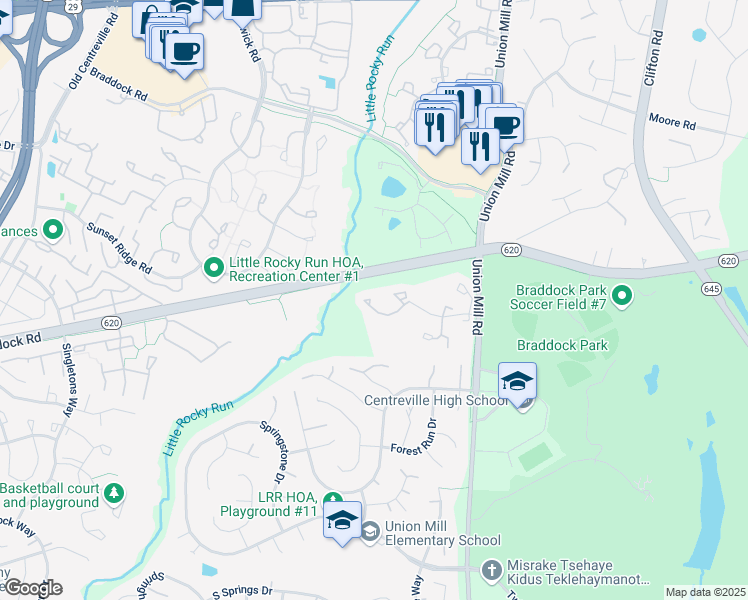 map of restaurants, bars, coffee shops, grocery stores, and more near 13672 Wildflower Lane in Clifton