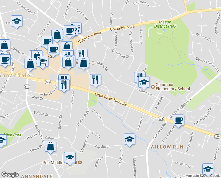 map of restaurants, bars, coffee shops, grocery stores, and more near 6882 Lafayette Park Drive in Annandale