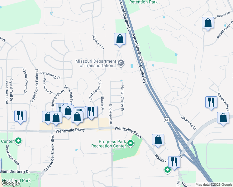 map of restaurants, bars, coffee shops, grocery stores, and more near 459 Fox Den Lane in Wentzville