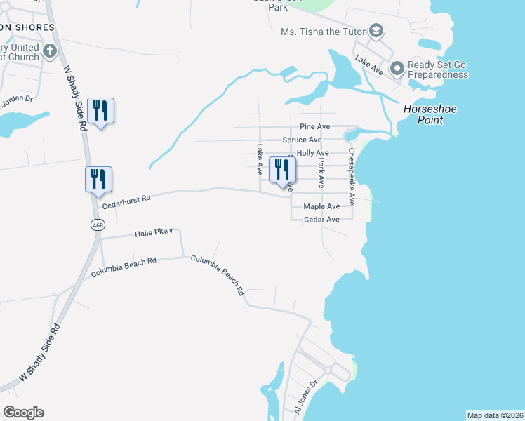 map of restaurants, bars, coffee shops, grocery stores, and more near 1495 Cedarhurst Road in Shady Side