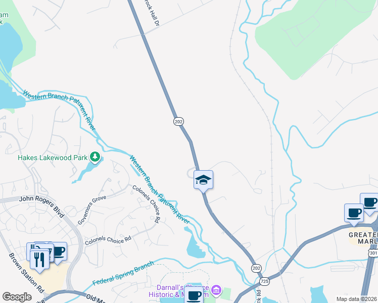 map of restaurants, bars, coffee shops, grocery stores, and more near 4411 Largo Road in Upper Marlboro