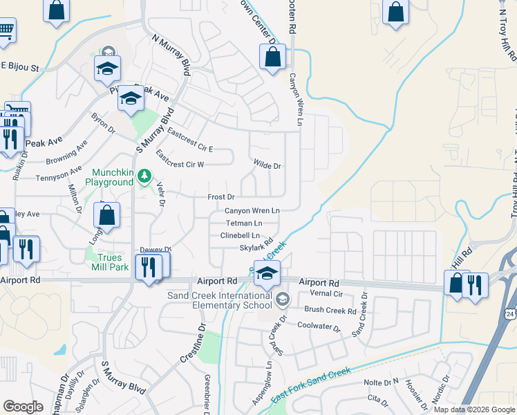 map of restaurants, bars, coffee shops, grocery stores, and more near 4710 Canyon Wren Lane in Colorado Springs