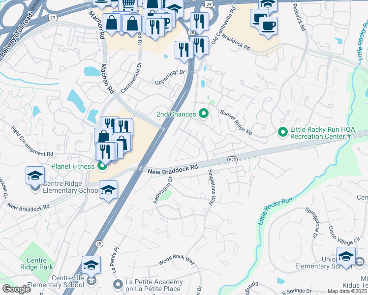 map of restaurants, bars, coffee shops, grocery stores, and more near 6105 Hoskins Hollow Circle in Centreville