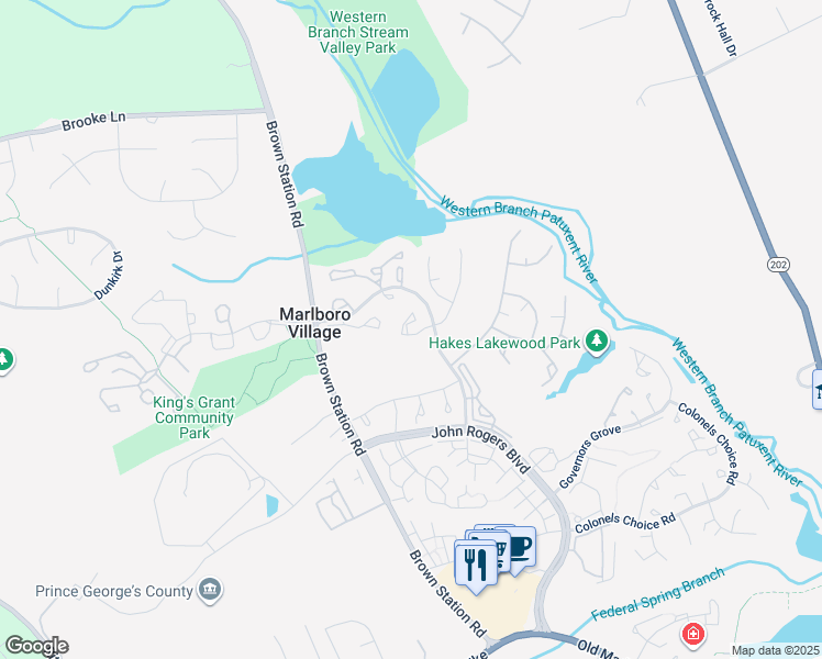 map of restaurants, bars, coffee shops, grocery stores, and more near 13830 Lord Fairfax Place in Upper Marlboro
