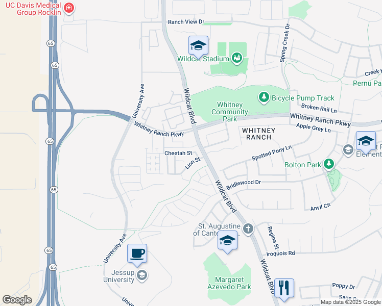 map of restaurants, bars, coffee shops, grocery stores, and more near Cheetah Street in Rocklin