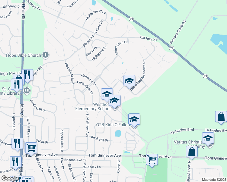 map of restaurants, bars, coffee shops, grocery stores, and more near 100 Homefield Gardens Drive in O'Fallon