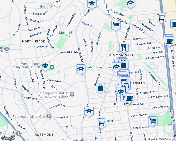 map of restaurants, bars, coffee shops, grocery stores, and more near 206 West Uhler Terrace in Alexandria