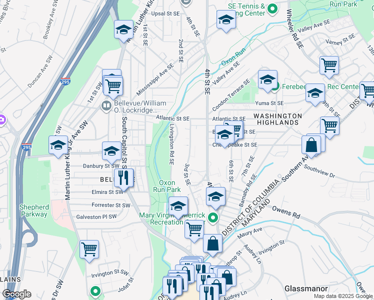 map of restaurants, bars, coffee shops, grocery stores, and more near 4311 3rd Street Southeast in Washington