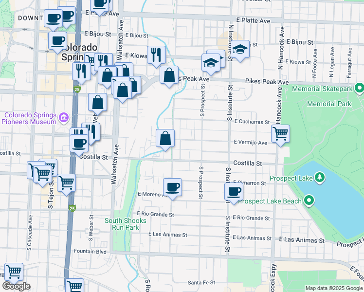map of restaurants, bars, coffee shops, grocery stores, and more near 715 E Vermijo Ave in Colorado Springs