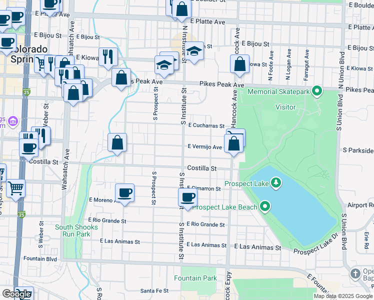 map of restaurants, bars, coffee shops, grocery stores, and more near 305 South Institute Street in Colorado Springs