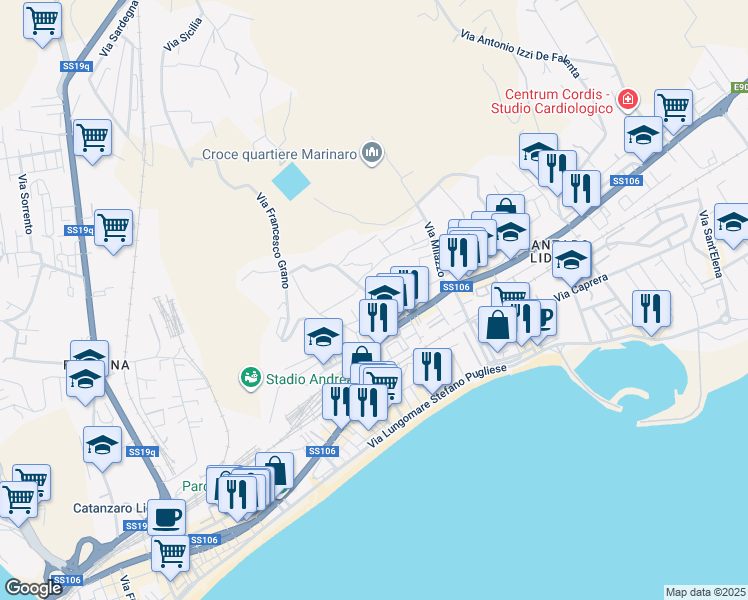 map of restaurants, bars, coffee shops, grocery stores, and more near 39 Via Taranto in Catanzaro