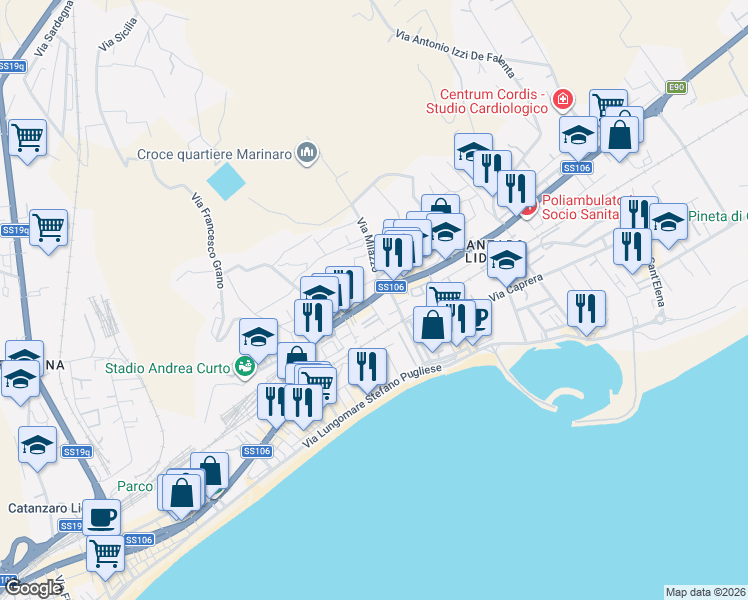 map of restaurants, bars, coffee shops, grocery stores, and more near 118 Viale Crotone in Catanzaro