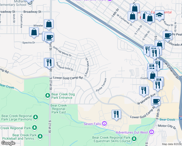 map of restaurants, bars, coffee shops, grocery stores, and more near 1261 Lady Campbell Drive in Colorado Springs